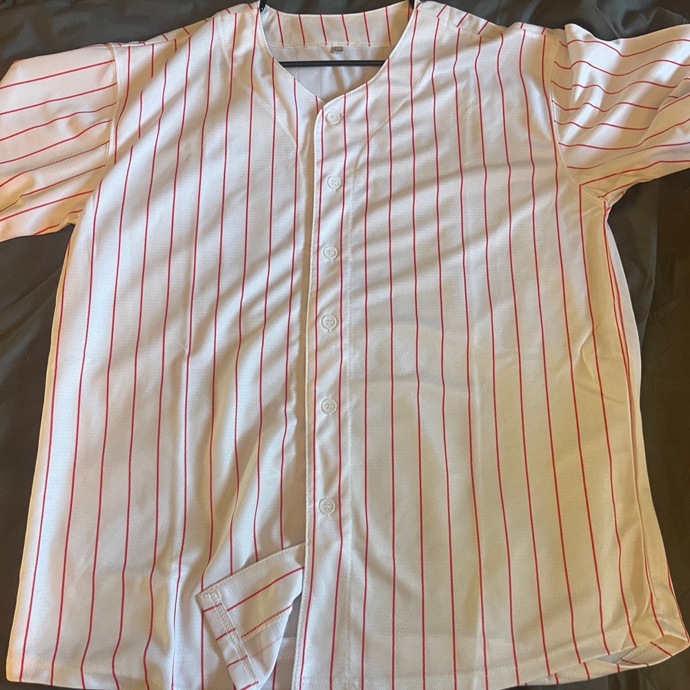 White and Red Striped Button-Up Shirt